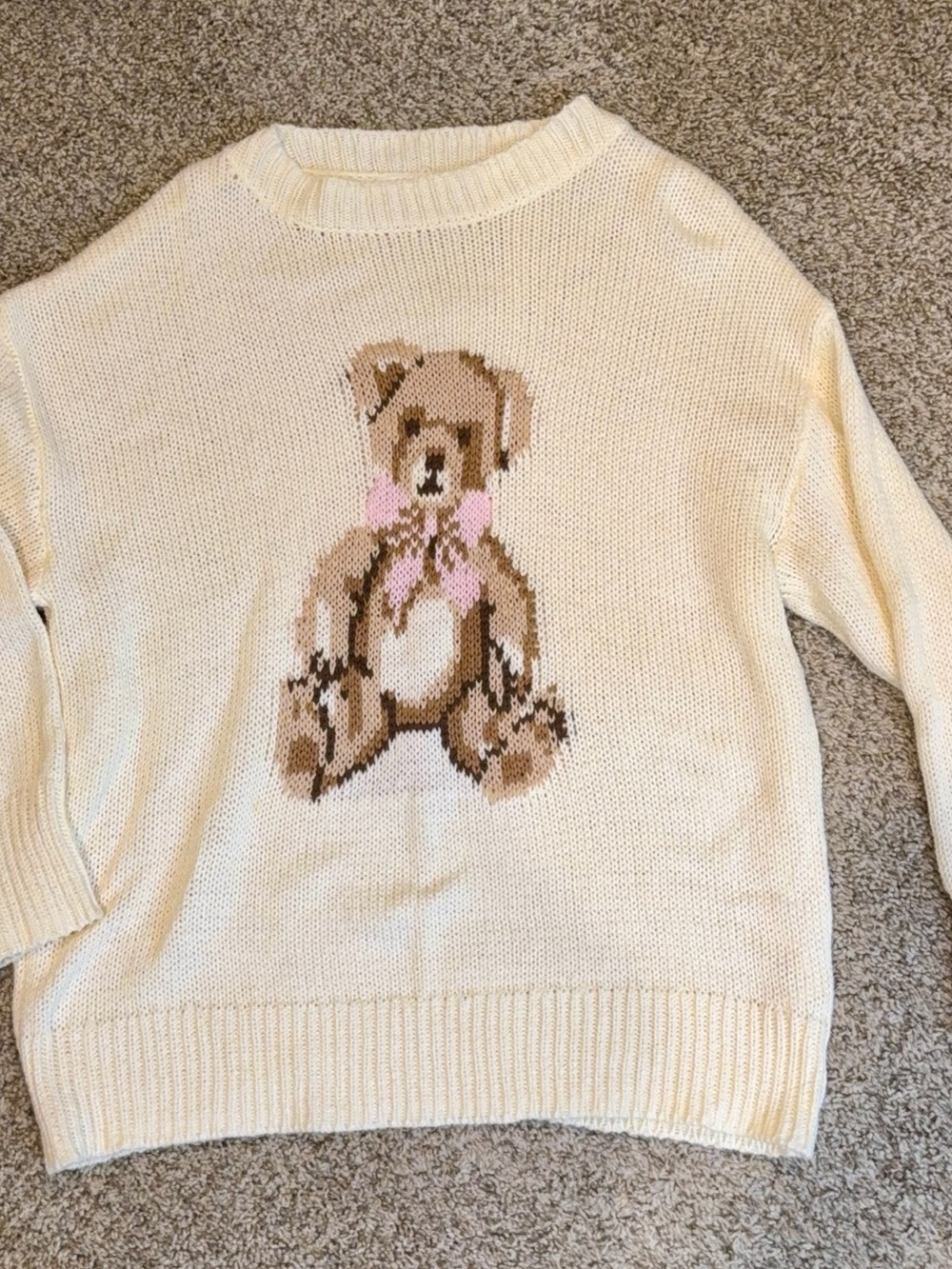 Altar'd State Cream Teddy Bear Crewneck Sweater with Pink Bow XXS
